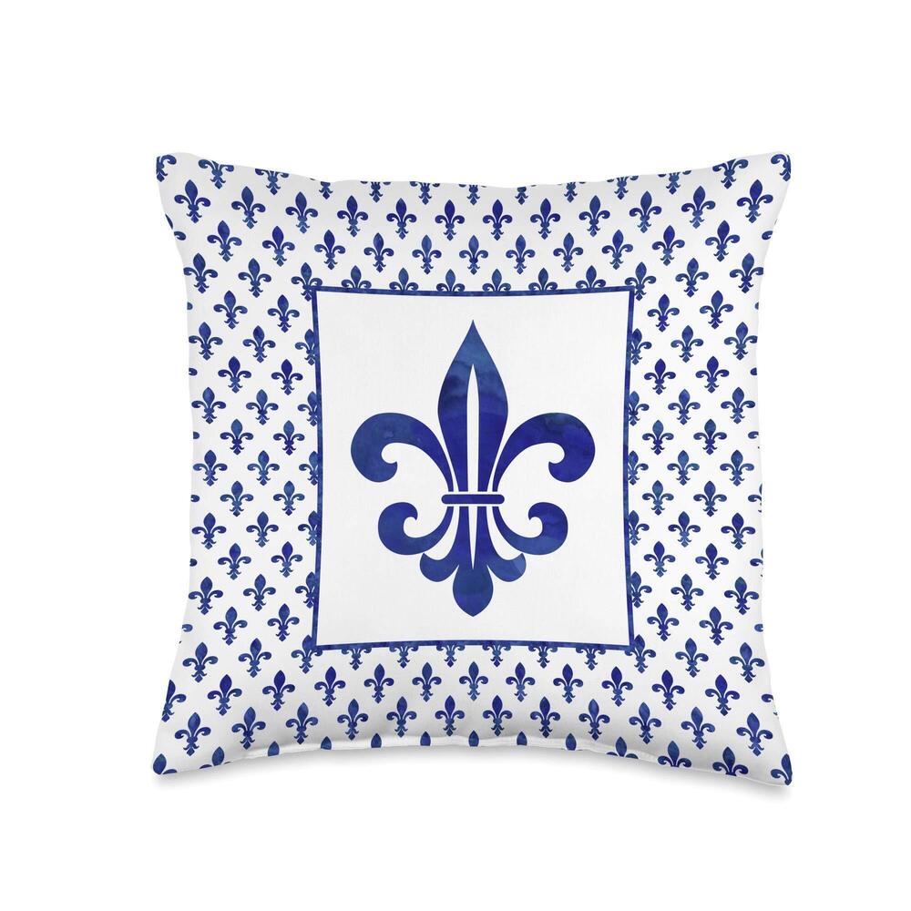 2381 Paris French Fleur de Lis Navy Blue Watercolor Look Throw Pillow